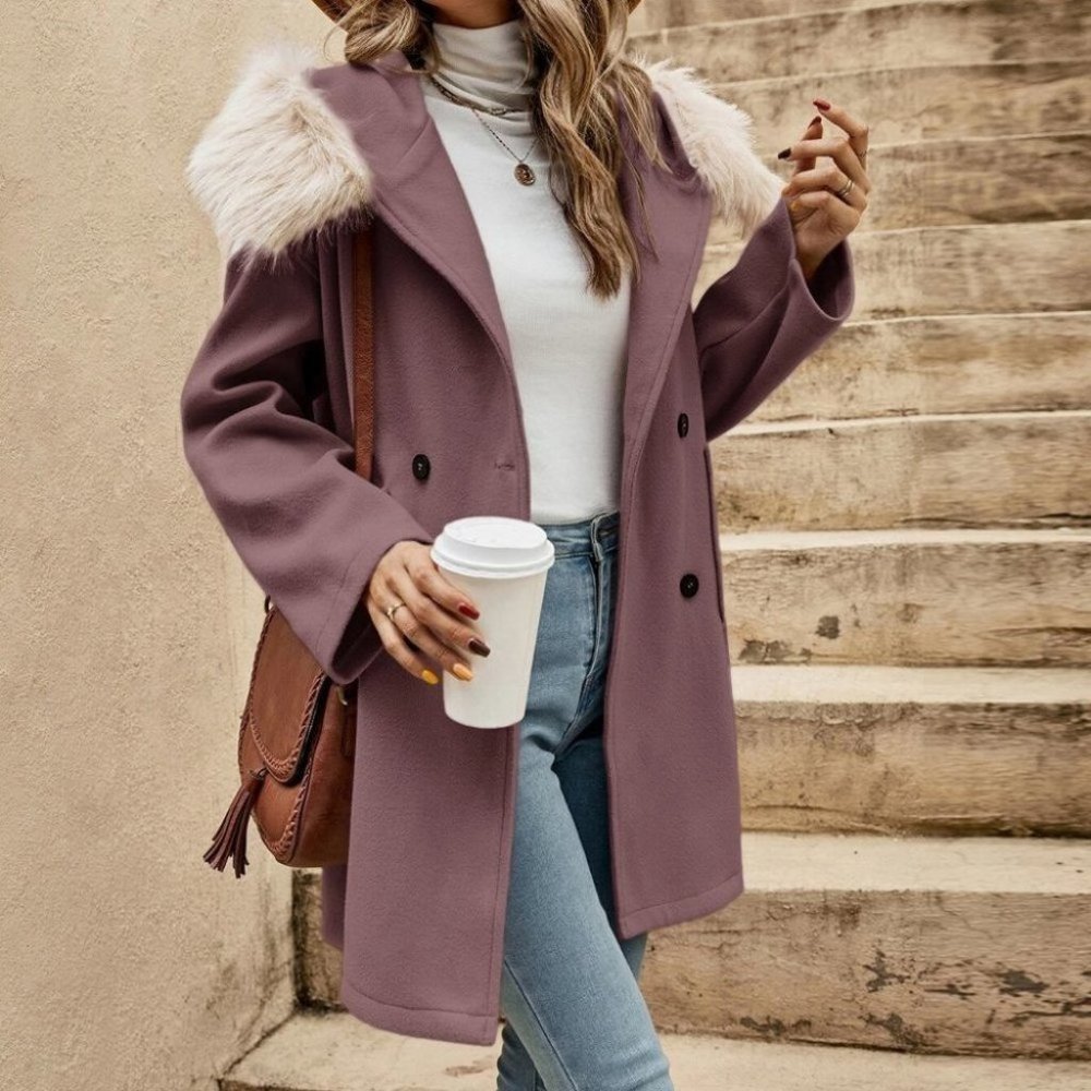 Mauve Purple Womens Hooded Overcoat - Picture 2 of 4
